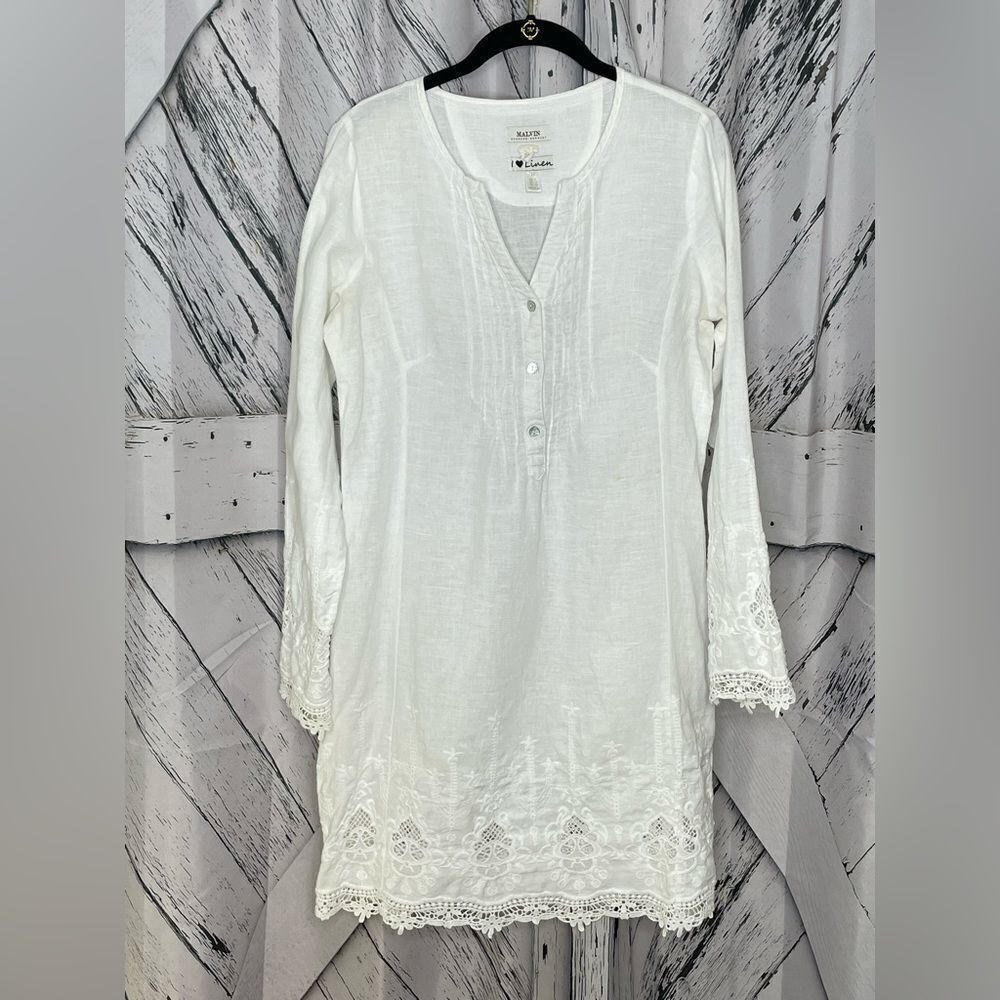 MALVIN I Love Linen Crochet Trim Tunic Dress Coverup 3/4 Sleeve Size M